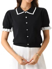 Allegra K レディース コントラストトリム 半袖カーディガン セーター サマー トップス ボタンダウン ニットTシャツ 黒 M