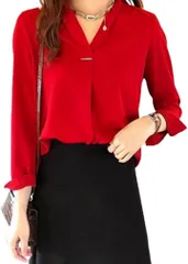 RED RAY レッドレイ ブラウス シャツ 長袖 Vネック レディース(レッド,  L)