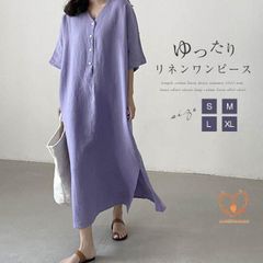 ワンピース レディース リネンワンピース Vネック スリット マキシワンピース 大きいサイズ ゆったり 綿麻混ワンピース 夏 ロングワンピー