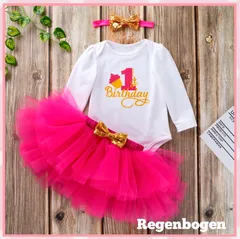 【新品】80㎝ 1歳誕生日 ベビードレス 長袖 ホットピンク リボン 3点