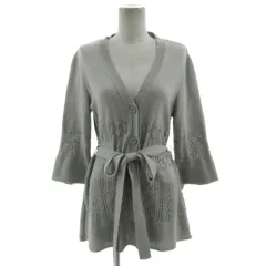 レリアン Leilian カーディガン ニット 七分袖 フレアスリーブ 鍵編み切替え ラメ リボンベルト 日本製 コットン混 グレー 9