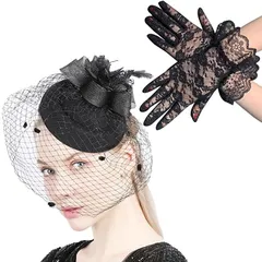 LUXIA FILL ルクシア フィル カクテル ハット 帽子 トーク帽 ブライダル ウェディング レディース ヘッドドレス ヘアアクセサリー 髪飾り レース手袋 セット ブラック Aタイプ(ブラック 手袋タイプA,  Free Size)