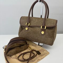 【2点セット】BORBONESE ボルボネーゼ うずら柄 スエード レザー ハンドバッグ ショルダーバッグ ベージュ ブラウン