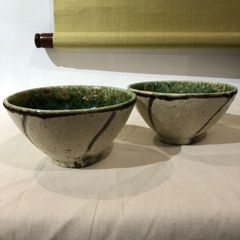 木曽志真雄　瀬戸　織部釉　4寸茶碗　2個セット