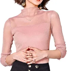 Gorcre シアー トップス ハイネック キラキラ ゴールド ラメ シースルー 総レース チュール 長袖 レディース 快適 高伸縮 上品 おしゃれ(ピンク,  XL)