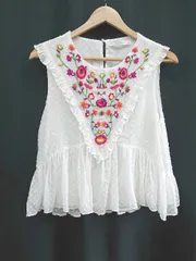 ◇ ⊂ ◎ ZARA Trafaluc 刺繍 ドット 水玉 ノースリーブ カットソー サイズEUR S USA S MEX 26 アイボリー系 レディース E  【1411070014627】