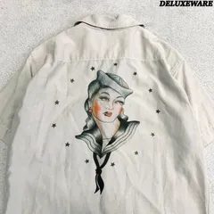 DELUXEWARE HAWAIIAN SHIRT AL-03 VINTAGE ART ハワイアンシャツ アロハシャツ オープンカラー 開襟 ヴィンテージアート セクシープリント ピンナップガール ショートスリーブ 半袖 Sサイズ アイボリー デラックスウエアのサムネイル