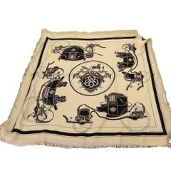 【中古】 HERMES エルメス カレ80 EX-LIBRIS エクスリブス フリンジ スカーフ ホワイト アイボリー 馬車モチーフ 大判スカーフ カシミヤ ウール  レディース A2501495 【無料ギフトラッピング承ります】