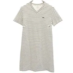 ラコステ Vネック 半袖 ボーダー柄 ワンピース 40 白×黒 LACOSTE ロゴ刺繍 レディース 【中古】  【230608】