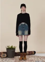 ハイント Roxy(ロキシー) 十代の若者たち ウォッシュ ミニ デニム スカート 青