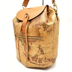 【良品】 PRIMA CLASSE プリマクラッセ バックパックショルダーバッグ フラップ 地図柄 ゴールド金具 チャーム 肩掛け 斜め掛け A4収納  大容量 PVCレザー ヌメ革 レディース ブラウン 茶色