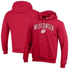 【送料無料】 チャンピオン メンズ Tシャツ トップス Men'sChampion Red Wisconsin Badgers Arched Logo Fleece Pullover Hoodie Wis Red