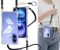 アイフォン16カバー 防指紋]ワイヤレス充電対応 米軍MIL規格 全面保護 傷防止 [耐衝撃 ストラップホール付き TPUバンパー シリコン 軽量 + PC PC(クリア) 透明 薄型 いphone16 スマホケース 斜めがけ 紐付き 首掛け 肩がけ ショルダ