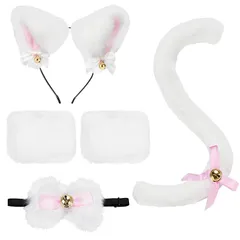 [Sucodver] 猫耳 カチューシャ しっぽ 首輪 手首カフス 4点セット やわらかい 鈴付き かわいい ハロウィン 祭り 活動 猫 コスプレ 小物 (ホワイト) 1