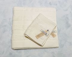 【新品・未使用】（今治タオルブランド）コンテックスワッフルボーダーバスタオル&フェイスタオルセット ベージュ