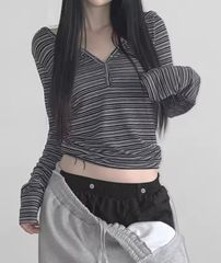 ❤︎한국　Stripe Hoodie Tee グレー トップス 長袖 フード Tシャツ フーディー ストライプ ボーダー tops y2k シズニルック サブカル グランジ 韓国