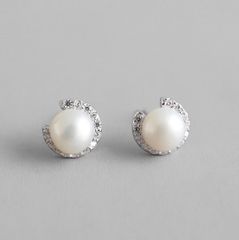 E034 ピアス イヤリング オープンラウンドパールピアス　淡水パール ダイヤ　オケージョン 結婚式　入園式 入学式 卒業式 silver925 シルバーxホワイト
