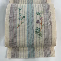 名古屋帯 秀品 夏帯 八寸名古屋帯 松葉仕立て 草花 縞 ベージュ 正絹 【中古】