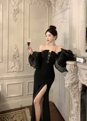 キャバドレス　パーティードレス　大胆なスリット！フリルショルダーのロングドレス！