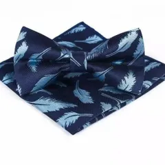 蝶ネクタイ　ポケットチーフ　羽柄　花柄　2点セット　ネイビー 紺色 シルバー 結婚式　卒業式　卒園式　入学式　入社式　入園式 イベント パーティー ビジネス ダンスパーティー バーテンダー ワイシャツ スーツ ネクタイ ハンカチ 2点 セット 格安 小物