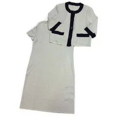 カルヴェン CARVEN Nobel ラピーヌ スーツ アンサンブル セットアップ ニット ノーカラー ジャケット ワンピース ライトグレー ネイビー 44 大きいサイズ