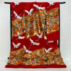 色打掛 正絹 鶴 刺繍 金 赤  打掛 Mサイズ 裄66.5 花嫁衣裳 婚礼 リサイクル 中古 ブライダル ウエディング 着物 4025