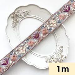 [ 1m ] 909 【 幅：3cm 】 インド刺繍リボン　スカイブルー　布地　ピンク　パープル
