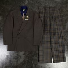 【JAPANESE VINTAGE】5点セット セレモニー ダブルスーツ セットアップ 上下 ジャケパン ブラウン系×ネイビー系 チェック柄 成人式 卒業式 結婚式（ユーロピンズ＆シャツ＆ネクタイ おまけ）No.26