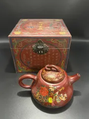 中国 紫砂壺 描金彩繪 壺  漆器盒付 茶道品 煎茶道具 文房賞物 希少珍品 中国古玩 中国古美術品