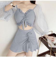 3点セット 水着 レディース 袖あり 体型カバー タンキニ 韓国 可愛い 上下セット ビキニ ワイヤー入り パンツ付き グレー スカート ショートパンツ ボリューム袖 ぽわん袖 フリル リボン ビーチ 海デート 大人 女性用 セクシー 大人 df128n1