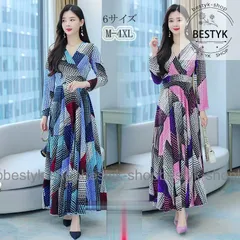 ロングワンピース 花柄 レディース ワンピース 長袖 ロング丈 マキシ丈 切替 Vネック 秋 新作 大人