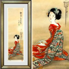 版画　竹久夢二 「秘薬紫雪」 リトグラフ　額付き　たて長の絵　美人画　大正ロマン　着物の女性　彦乃　竹久　夢二　Yumeji 【YE388】