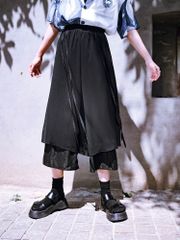 モード系ワイドパンツ 黒×シアー 個性派ユニセックス ストリート 韓国系 ゴシックテイスト 重ね着風 ブラックボトム　ハーフ　パンツ　モード　和風　サブカル　服　モダン　渋谷　原宿　個性派 ユニセックス 黒パンツ ゴス系 Y2K風