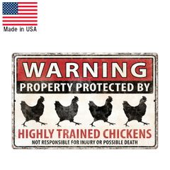 メタルサイン "WARNING PROPERTY PROTECTED BY HIGHLY TRAINED CHICKENS" ニワトリ 看板 縦20cm×横30cm アメリカ製