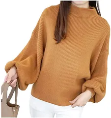 FAAMEE(フェイミー) ボリューム袖 ニット ハイネック トップス バルーン袖 長袖 秋 冬 リブニット セーター( キャメル,  M)