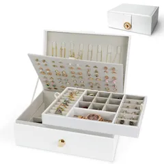 2層_ホワイト HELMDY ジュエリーボックス アクセサリー収納ケース 大容量 2段 ジュエリー収納 宝石箱 女性 PUレザー おしゃれ 大容量 2層 着脱式の仕切り付き 持ち運び 小物入れ ピアス ネックレス 指輪 イヤリング 母の日 クリスマス 結婚式