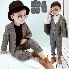男の子 スーツ 結婚式 ピアノ 発表会 卒業式 チェック柄 子供服 フォーマル 男の子 ３点セット 入学式 フォーマルスーツ 卒業式スーツ セットアップ 男児 小学校 七五三 グレー ベスト かっこいい 140サイズ dg172s1