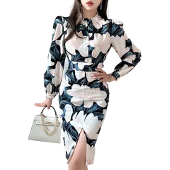 【グラシア】キャバドレス ミディアムドレス セットアップ ツーピース タイト キャバ嬢 キャバクラ ラウンジ 長袖 花柄 ギャザー パールボタン レディース