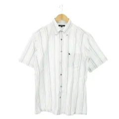 バーバリー ロンドン BURBERRY LONDON ボタンダウンシャツ 半袖 ロゴ刺繍 ストライプ コットン L 水色 ブルー /AH11 ■GY18