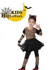 ハロウィン 衣装 子供 猫娘 コスプレ 子供用 ネコ娘 かぼちゃ コスチューム HALLOWEEN 仮装 イベント 魔法使い こども チュール ワンピース ヒョウ柄 豹柄 110 120 130 140 cm 緑 こすぷれ　魔女 コスプレ