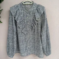 [GLACIER] グラシア フリルブラウス レディース トップス 長袖 総柄 古着 ブルーグレー サイズＬ（い-92 ，シ ）