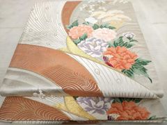 美品】袋帯 六通柄 西陣織 扇面 正絹 吉祥紋様 唐織 牡丹/菊/菖蒲/紅葉