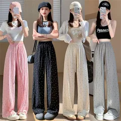 ワイドパンツ ドット柄 涼しい 夏 パンツ レディース ストレートワイドパンツ 水玉柄 パンツ ウエストゴム ロングパンツ ズボン ボトムス ギャザーのデザイン バギーパンツ lsEo467