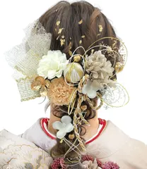 人気商品　[JZOON] 髪飾り 成人式 ドライフラワー 袴 卒業式 和装 結婚式 振袖 着物 浴衣 プリザーブドフラワー 金箔 紐アレンジ 水引 和玉 A7001