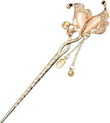 Miaomyao ミャオミャオ 簪 かんざし 一本 髪飾り 和装 留袖 キュービックジルコニア バタフライ フラワー 蝶 花 モチーフ ピンクゴールド ヘアアクセサリー(ベージュ,  ワンサイズ)