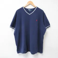 XL/古着 ラルフローレン 半袖 ブランド Tシャツ メンズ 90s ワンポイントロゴ 鹿の子 大きいサイズ コットン Vネック 紺 ネイビー 25jul18 