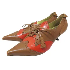 エトロ ETRO パンプス レザー ポインテッドトゥ ウイングチップ ローヒール 靴 タッセル バイカラー 茶 赤 36 約23cm IBO58 Xのサムネイル