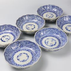 江戸末〜明治期 古伊万里 染錦 波鶴文 変形菱形皿×5客セット