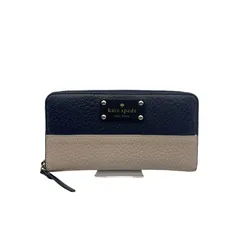 Kate spade ケイトスペード レザー ラウンドファスナー長財布 レディース 本革 ウォレット ネイビー グレージュ 中古 W４