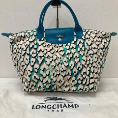 4795　LONGCHAMP ロンシャン JAL機内販売限定　イルオーパンテール プリアージュ　ルプリアージュ　ハンドバッグ　トートバッグ　折りたたみ　レザー　キャンバス　レオパード　ターコイズブルー系